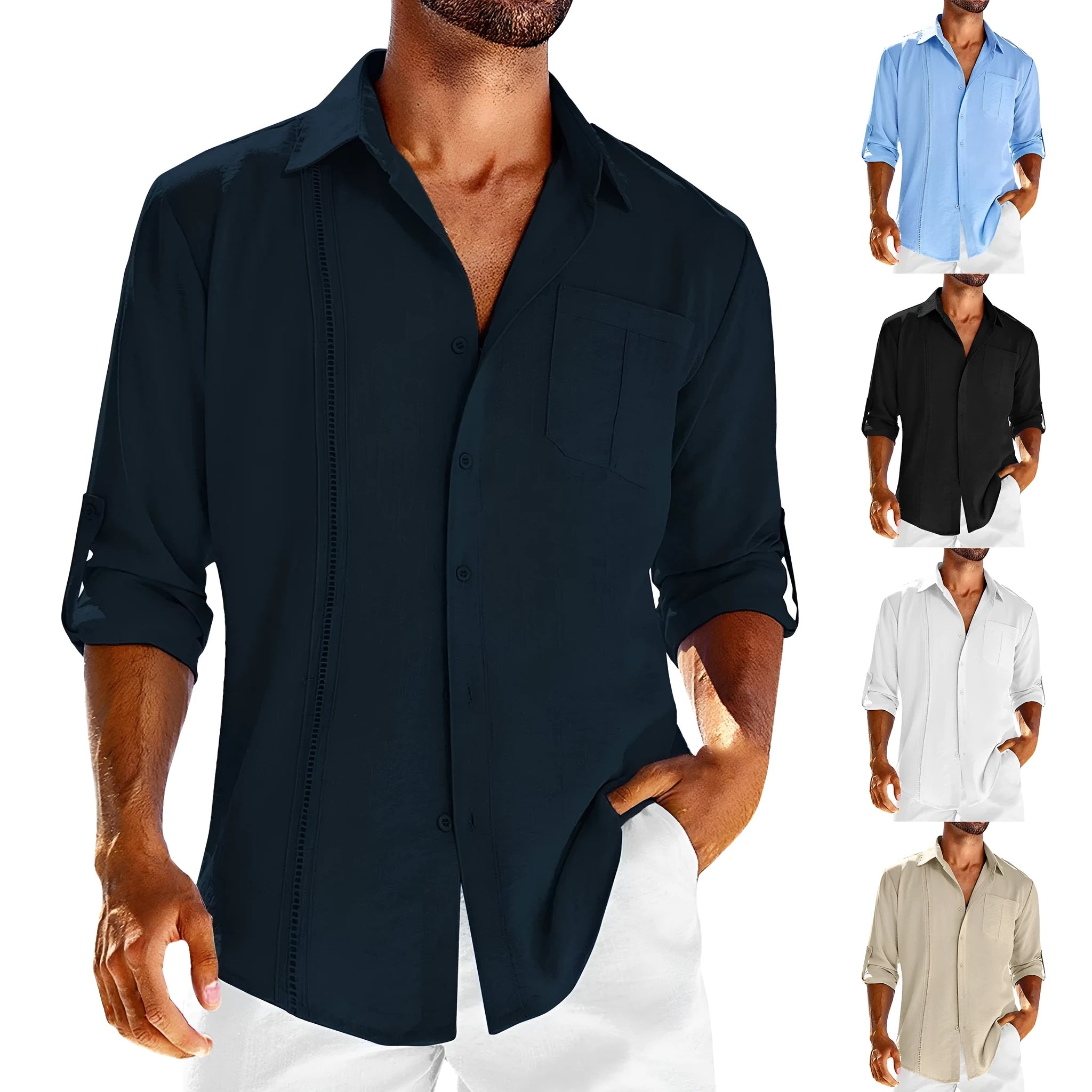 Men's grey long sleeve button-up shirt with lace detail on collar and a chest pocket.