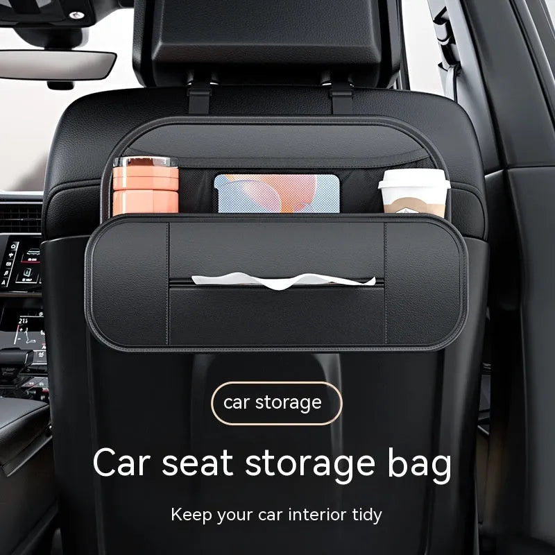 Black leather car seat back storage bag showing dimensions and customisable compartments