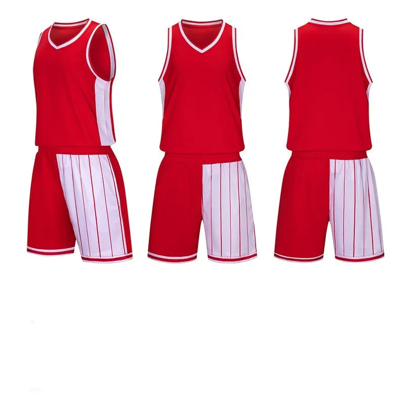Men's basketball uniform set in quick-dry polyester blend showing top and shorts in one of four available colours.