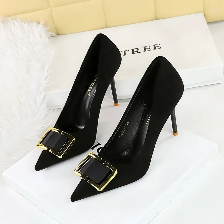Black suede women's stiletto heels with 9cm heel and shallow cut design