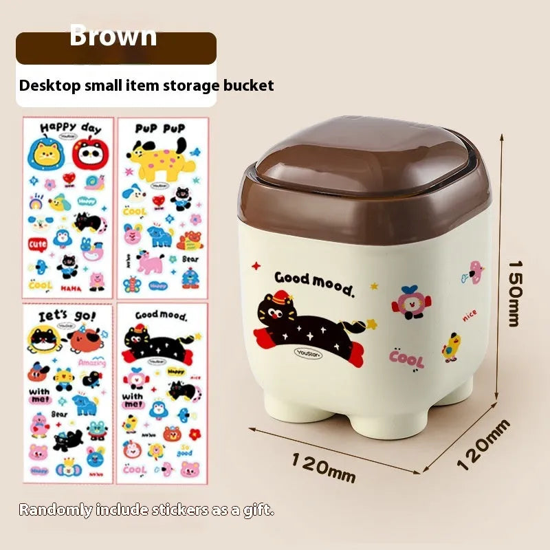 Red and brown cartoon-style plastic desktop storage organiser with grid compartments.