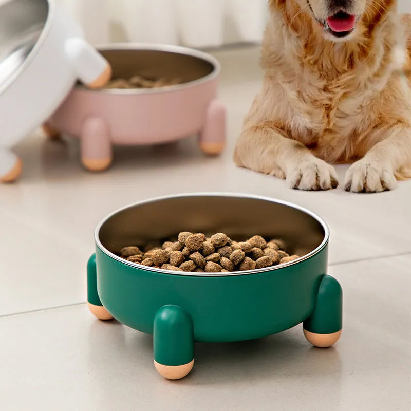 Non-slip stainless steel high foot pet bowl in green pink or white for dogs and cats