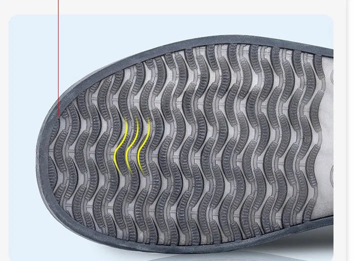 White high-top PVC waterproof reusable shoe covers for women, shown alongside size chart