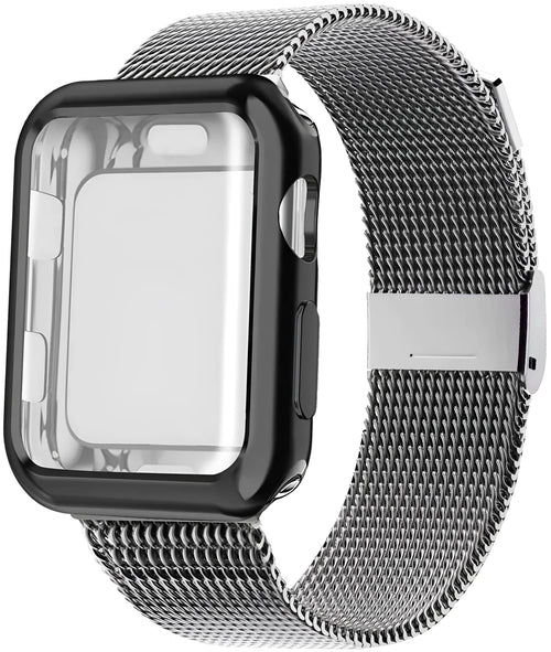 Magnetic Milan metal mesh band for Apple Watch in multiple colours and sizes on a wrist.