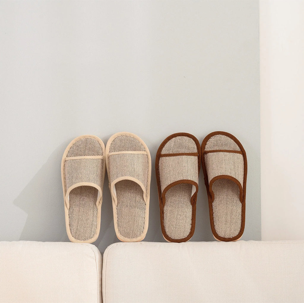 Women's open-toe linen slippers in light brown colour showing breathable design and thickening sole.