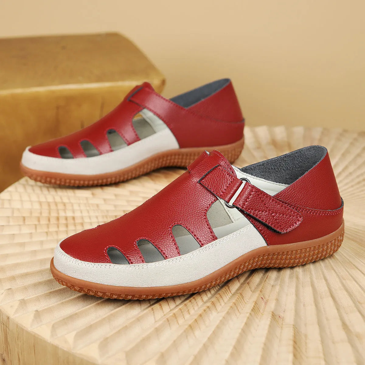 Women's plus size flat sandals with hollow breathable design and toe cap in blue colour