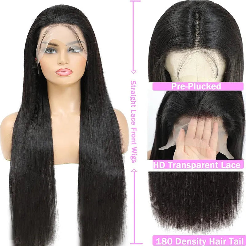 Black straight human hair wig with a 13x6 lace front, shown in a long length