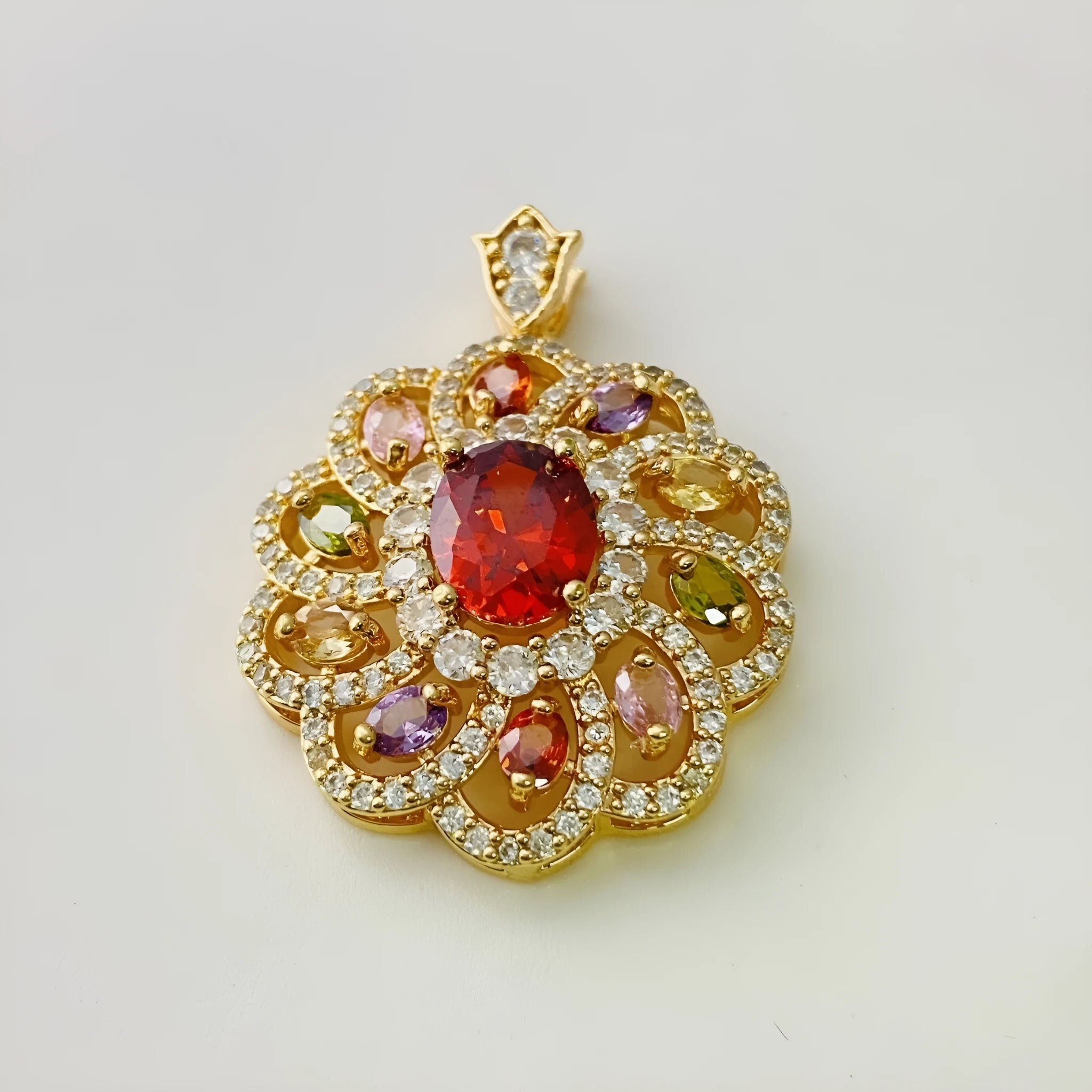 Women's colourful zircon floral pendant necklace showing gold, champagne gold and platinum colour options