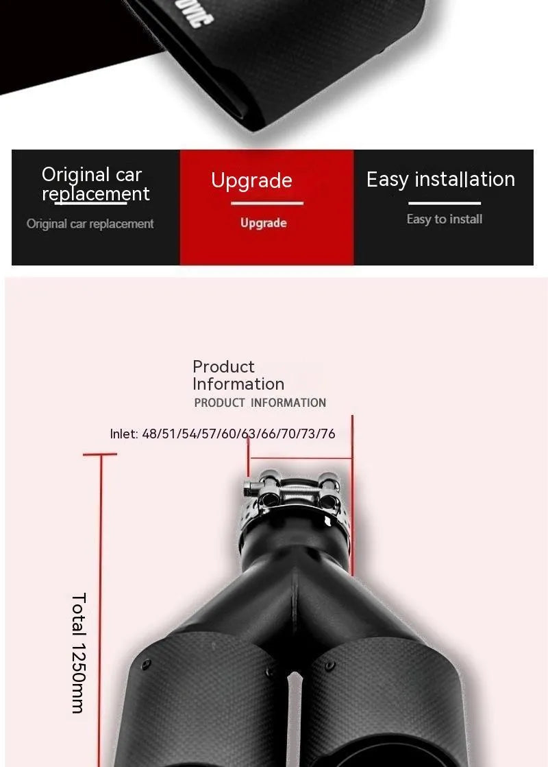 Black carbon fibre car exhaust pipe with double outlet design and 250mm diameter
