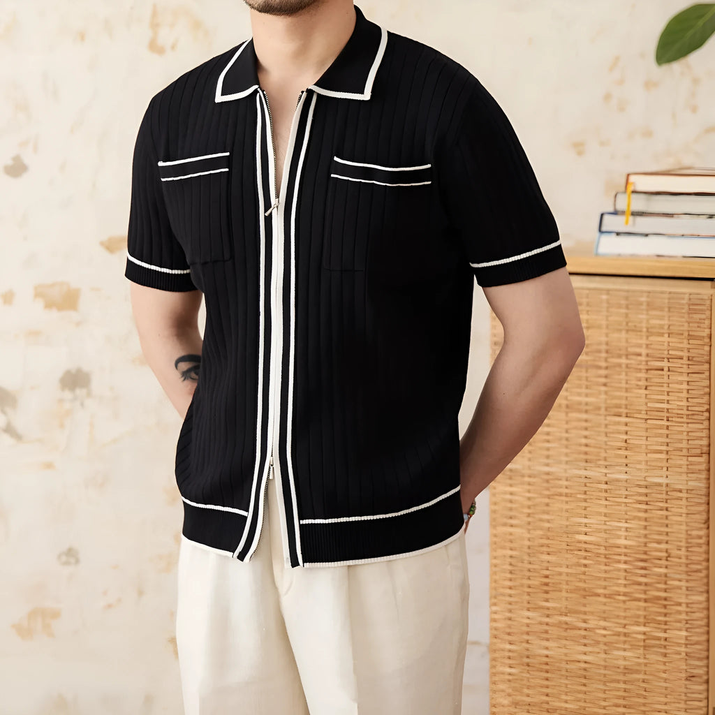 A black slim-fit lapel polo shirt with short sleeves, made from a thin knitted fabric.
