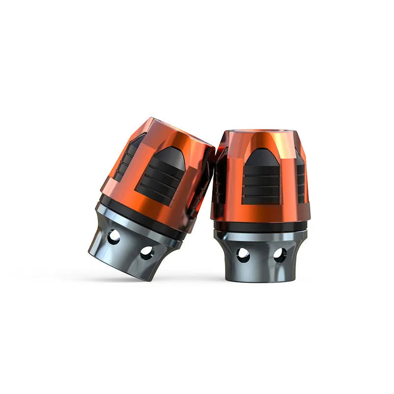 Pair of anodised aluminium alloy fork cups for motorcycle and electric car front axles.