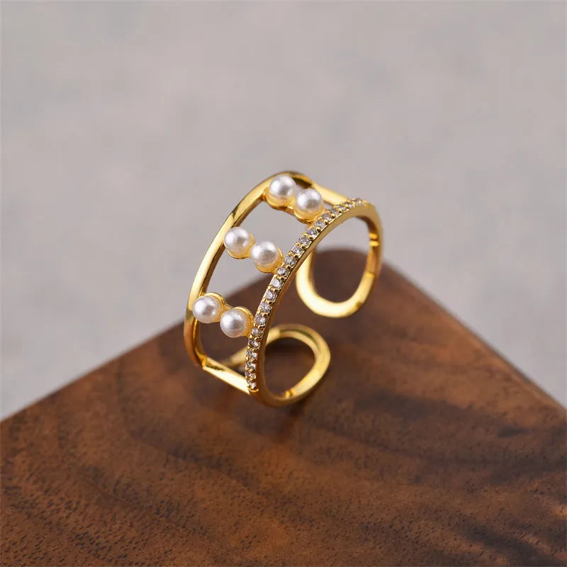 Gold electroplated open ring with geometric design, Korean fashion women's jewellery