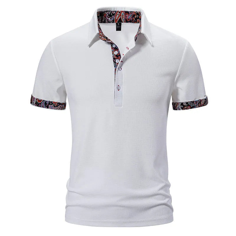Men's cotton blend polo shirt with colour stitching on turnover collar in navy blue