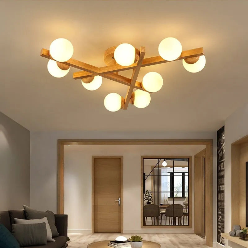 Wooden style Scandinavian three-head ceiling light with flush mount installation