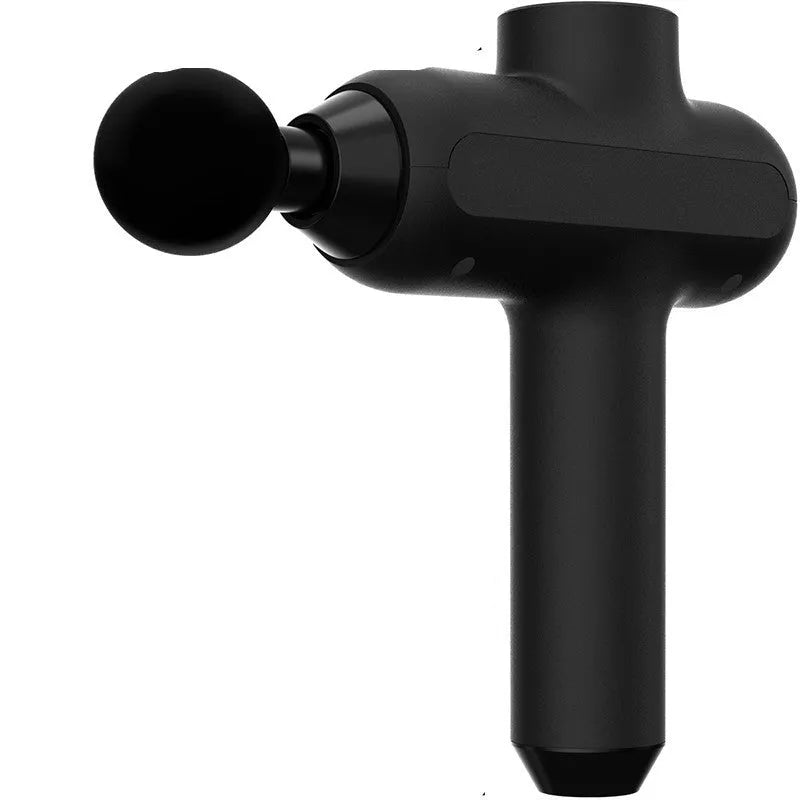 Black electric muscle massager with six removable heads showing five-speed control button
