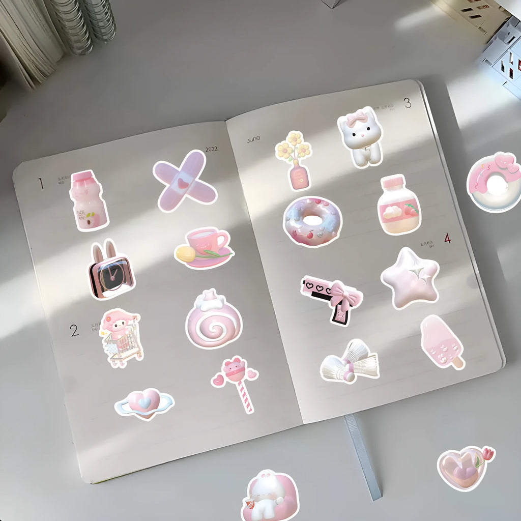 Pack of 63 cute pink heart decorative stickers with realistic 3D print on a sheet.