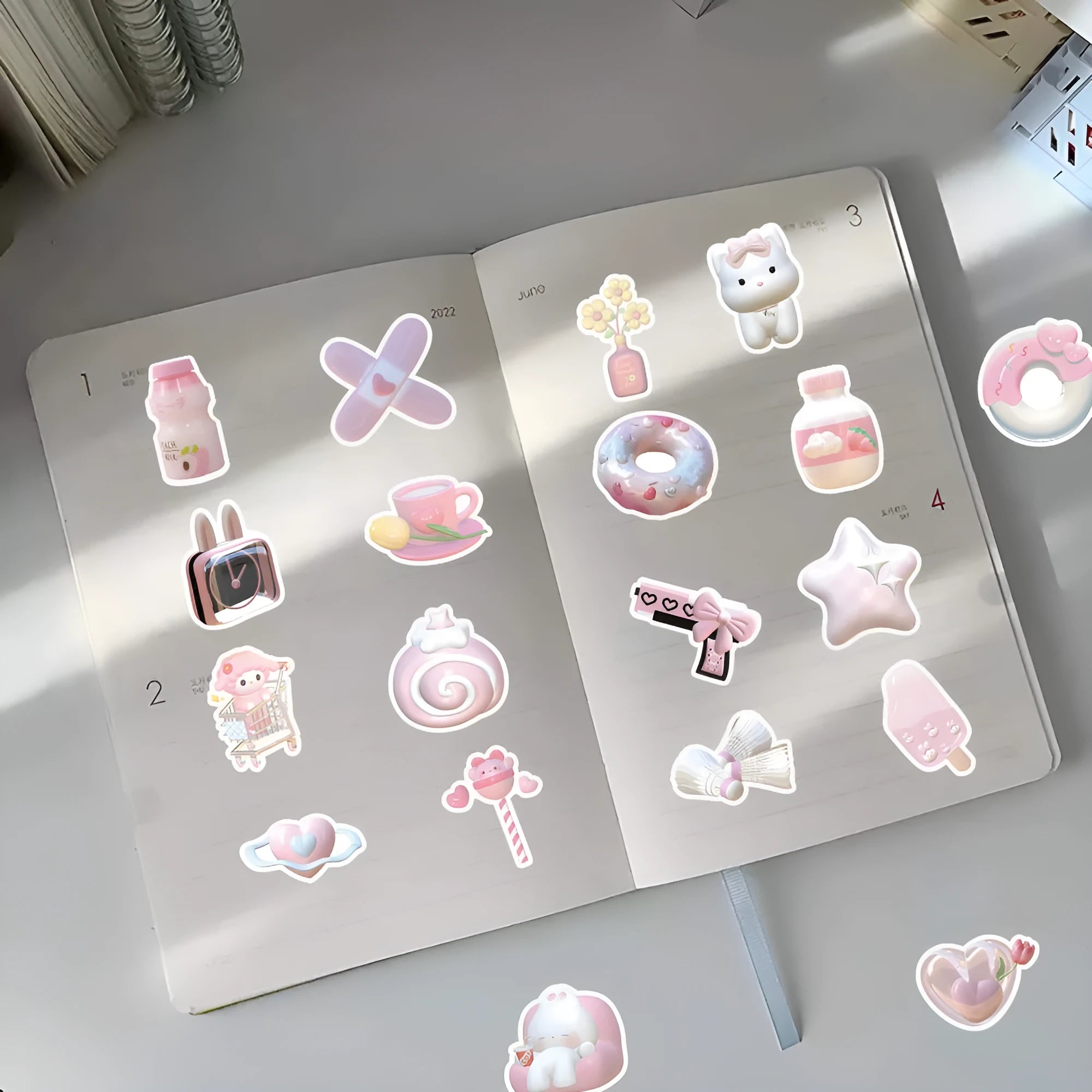 Pack of 63 cute pink heart decorative stickers with realistic 3D print on a sheet.