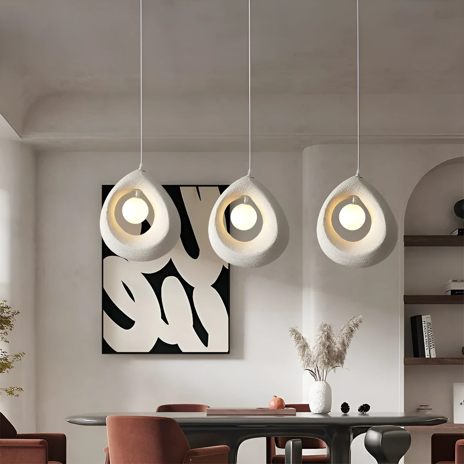 Retro bar chandelier with milky white 32x35cm shade hanging from ceiling