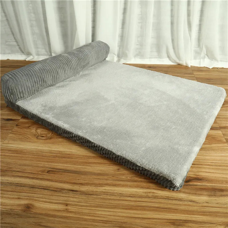 Corduroy dog bed sofa showing coffee colour option with non-slip base and four size variations