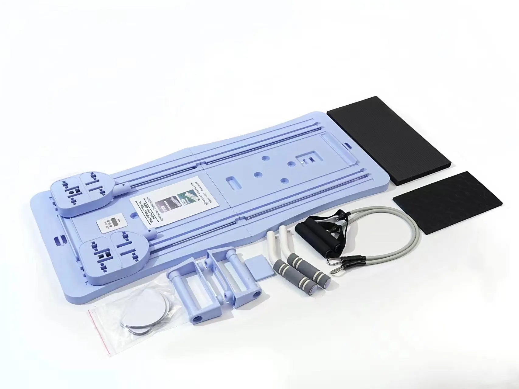 Foldable purple PP fitness belly panel shown flat, used for core workouts at home.