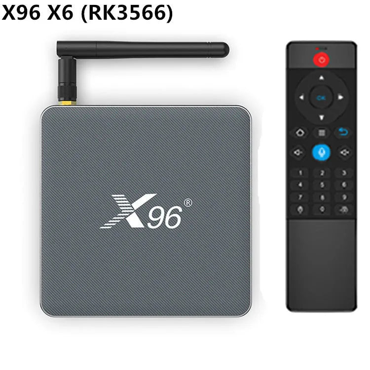 Smart Voice Android TV set-top box with remote control and HDMI cable.