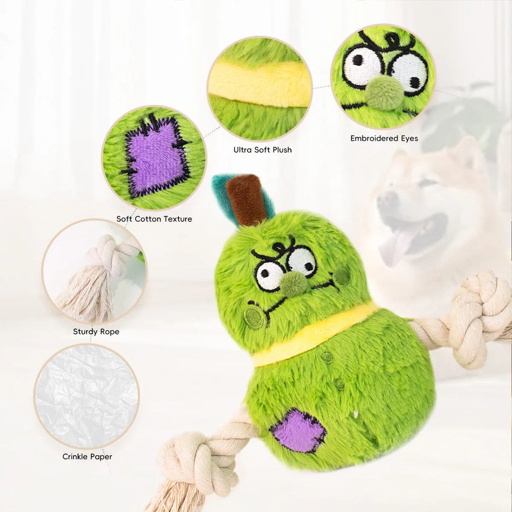 Green and purple interactive plush rope knot dog toy with molar tooth texture for tug of war and chewing.