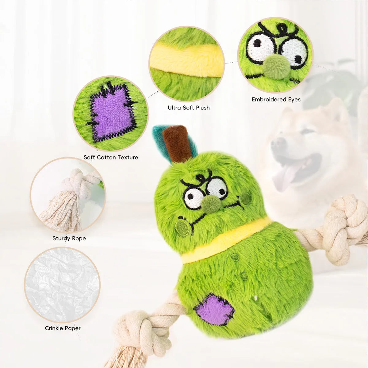 Green and purple interactive plush rope knot dog toy with molar tooth texture for tug of war and chewing.