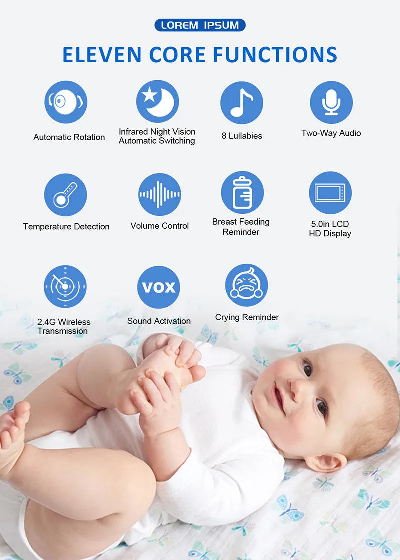 White HD wireless baby monitor with a 5-inch screen on a table.