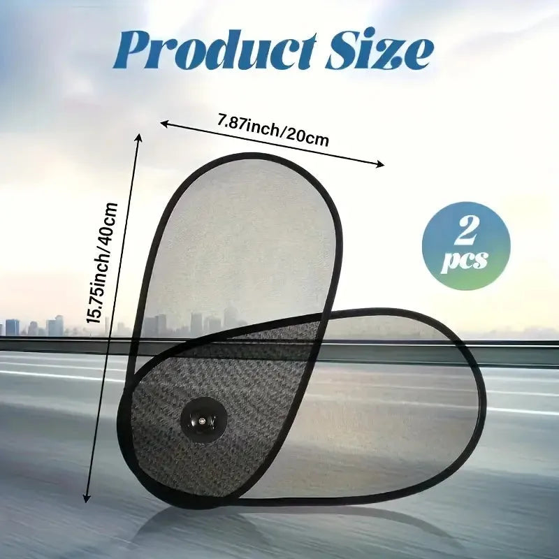 Black stretchy car window shade with suction cups attached to vehicle side window