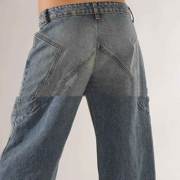 Women's cotton loose straight wide leg mop trousers in blue, light blue and dark grey colours