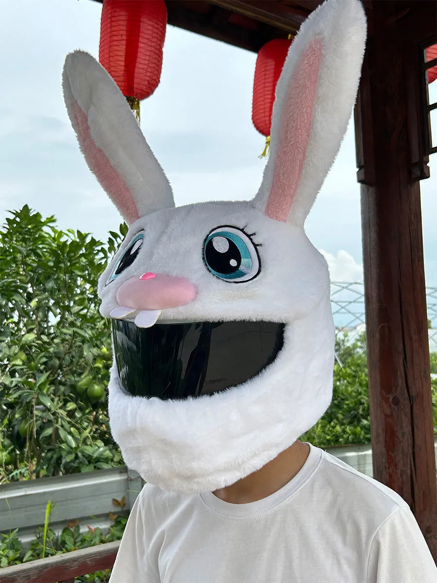White rabbit helmet cover with long ears for electric motorcycle protection