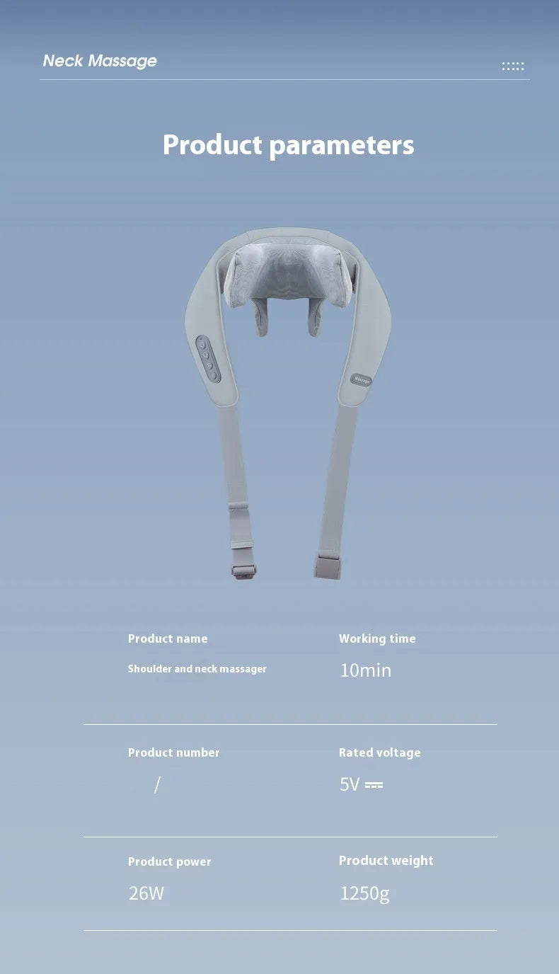 Grey elastic fabric portable massager with USB charging cable for neck back and waist infrared physiotherapy