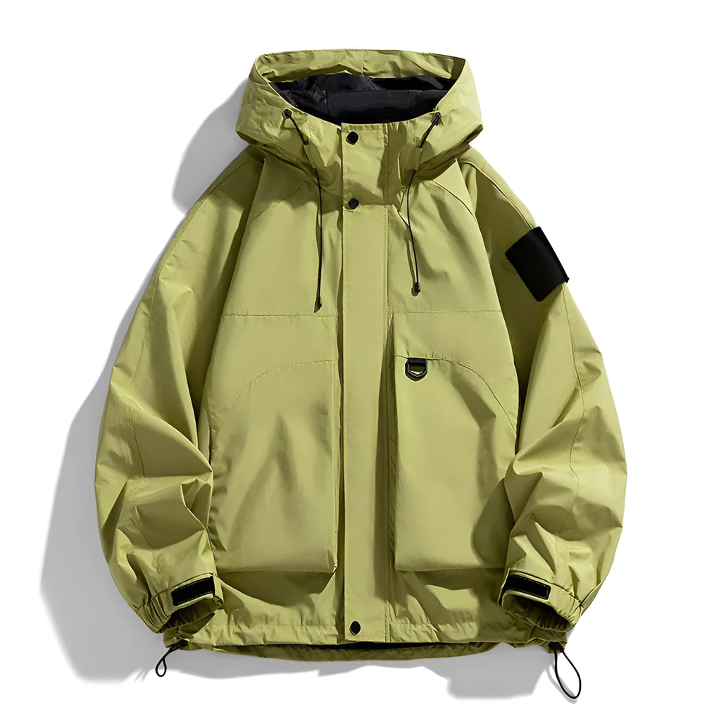 Men's black hooded windproof waterproof jacket shown on a model, with size chart showing options from M to 8XL.