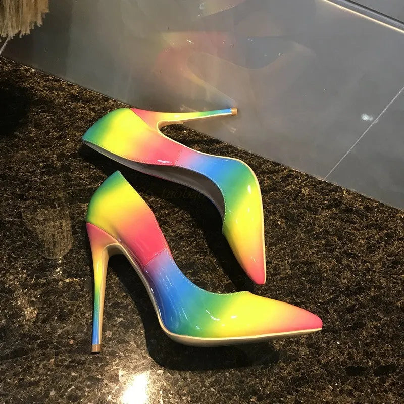 Rainbow patent leather women's stiletto heels with pointed toe and ultra-high thin heel
