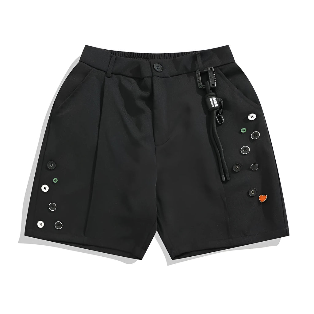 Black men's casual shorts with a semi-elastic waistband, zip fly, and straight-leg loose fit.