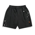 Black men's casual shorts with a semi-elastic waistband, zip fly, and straight-leg loose fit.