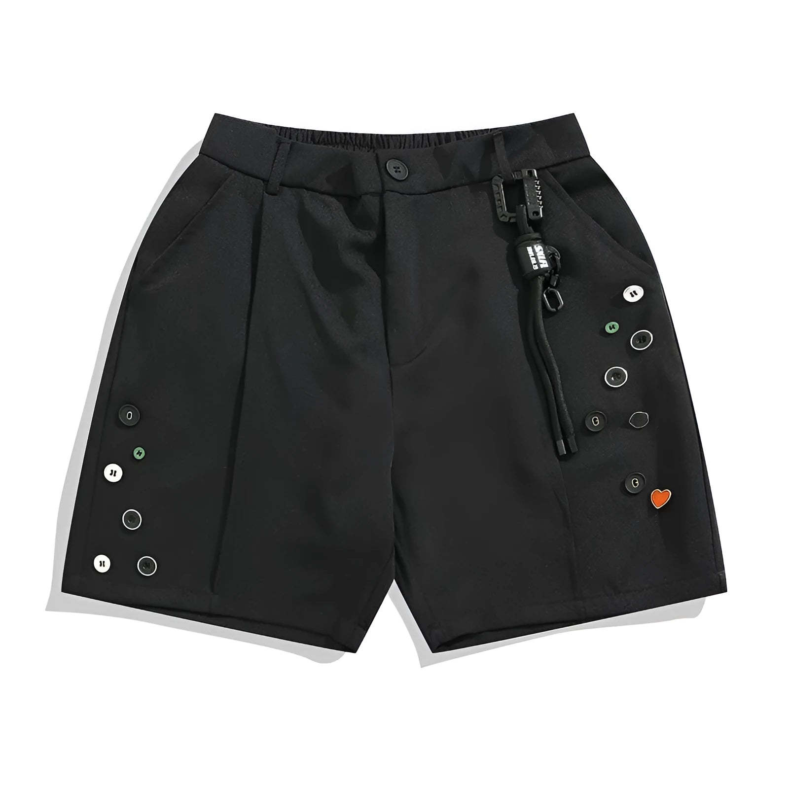 Black men's casual shorts with a semi-elastic waistband, zip fly, and straight-leg loose fit.