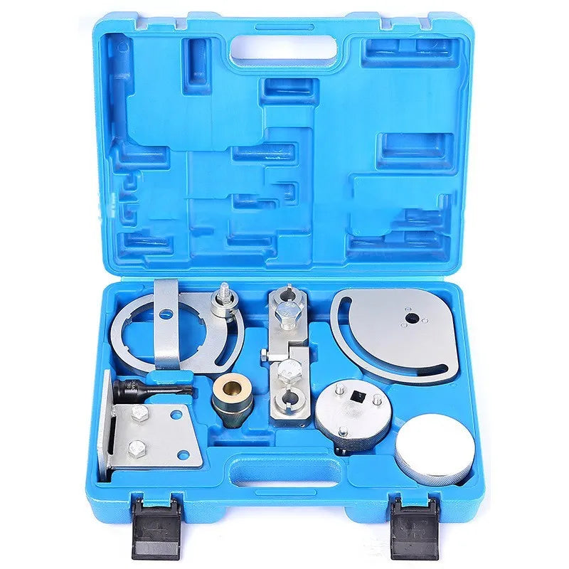 Volvo specialist engine timing tool set with eight carbon steel tools for cylinder head alignment.