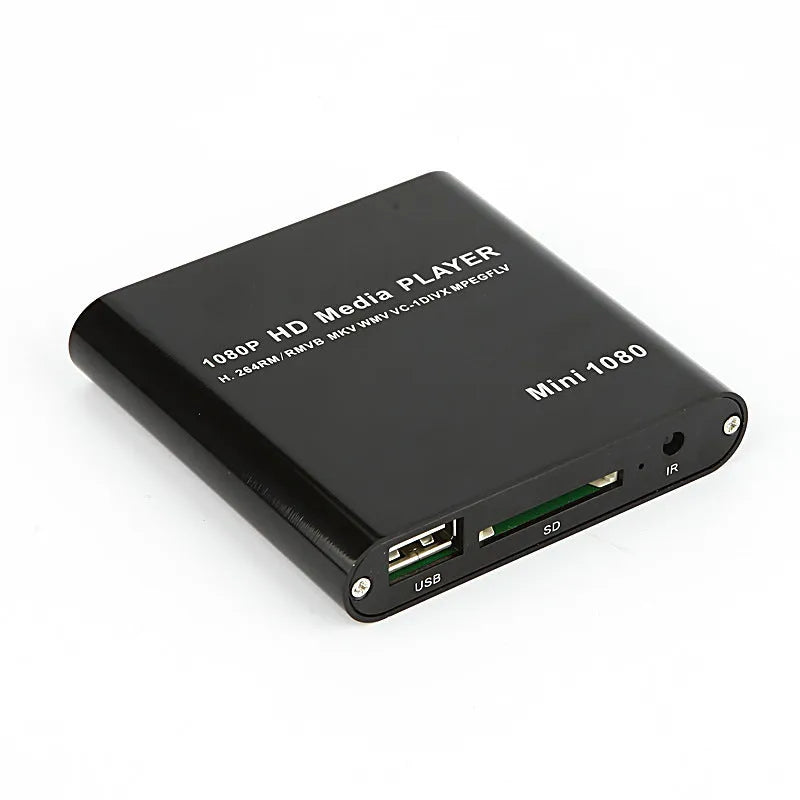 Compact black 1080p Full HD media player with HDMI port and remote control