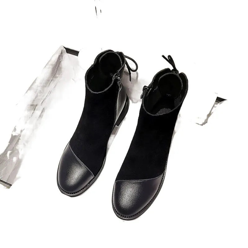 Women's black knee-high Martin boots with side zipper and round toe