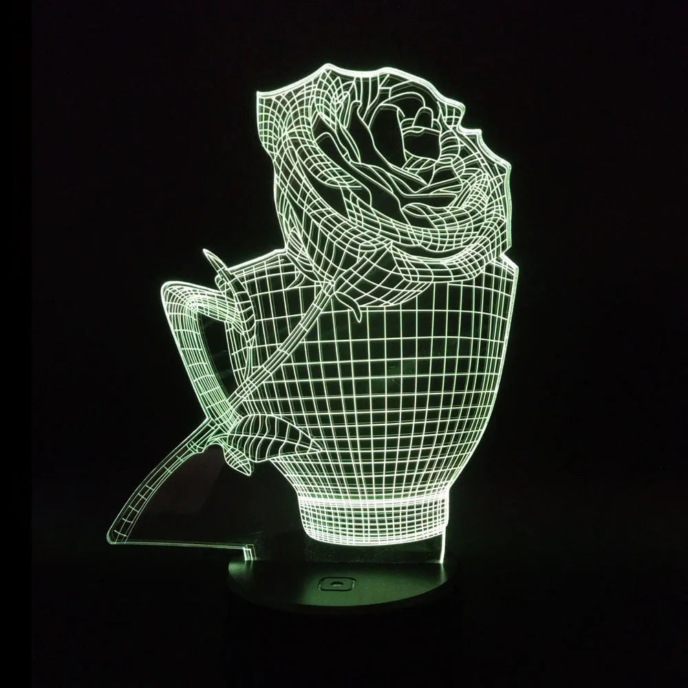 A 3D acrylic rose LED night light with a black base, displaying a purple glow, sitting on a wooden surface.