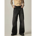 Black loose straight-leg American retro jeans with zipper fly on mannequin