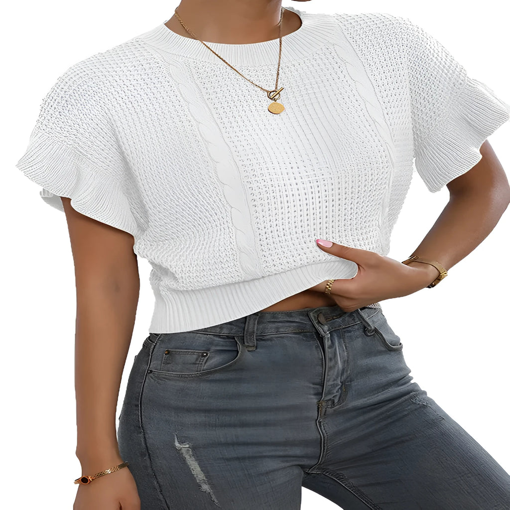 Knitted loose pullover sweater with ruffled short sleeves and a 3D twisted string pattern, shown in a neutral colour.