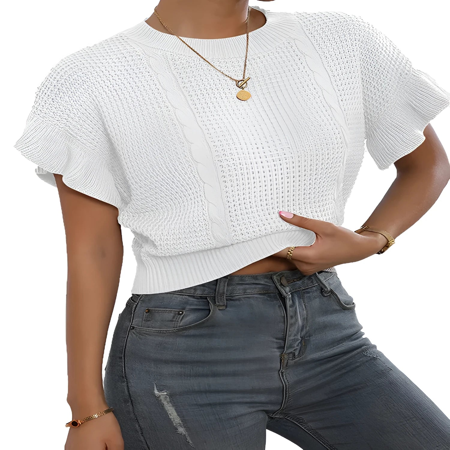 Knitted loose pullover sweater with ruffled short sleeves and a 3D twisted string pattern, shown in a neutral colour.