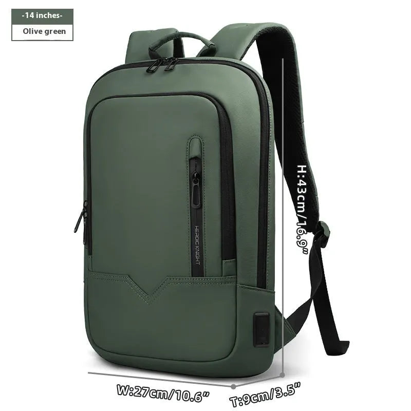 Men's lightweight polyester laptop backpack with USB port in black, shown in 14-inch size.