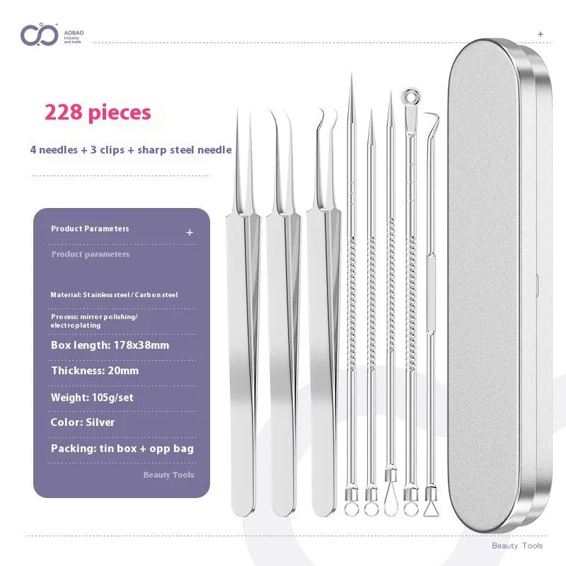 Four metal acne needles with ultra fine pointed tips for blackhead removal and skincare treatment