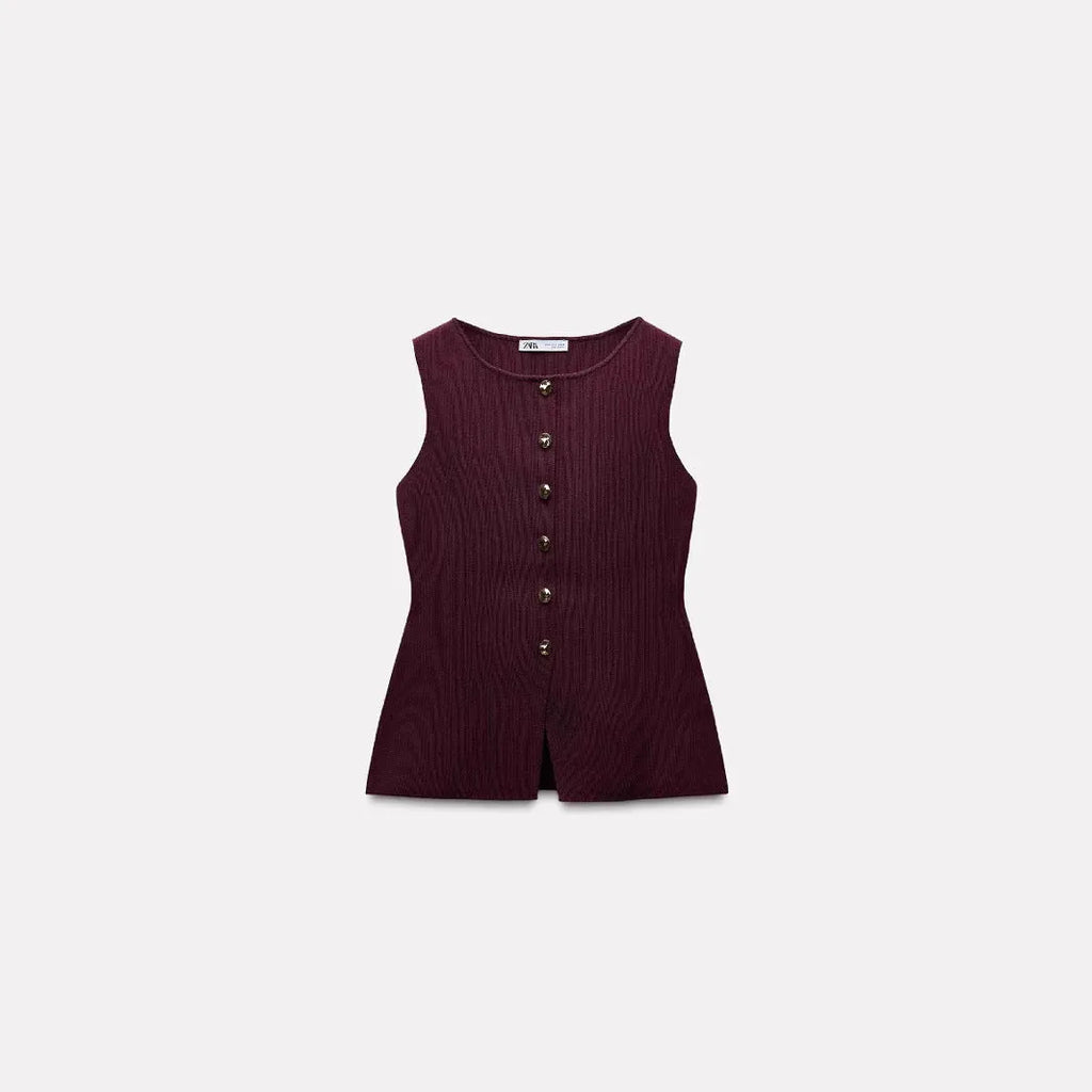 Dark red women's slim-fit viscose sweater vest with a 3D pattern, shown on a hanger.