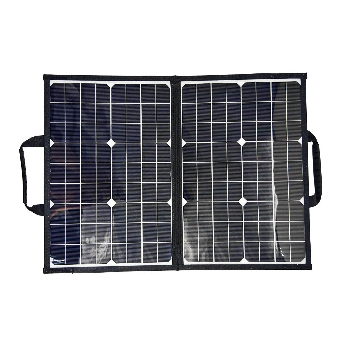 Black 40W portable solar folding panel showing compact folded dimensions for outdoor charging