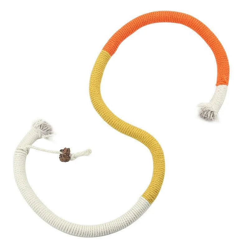 70cm cotton bite rope cat toy in three colour combinations: purple, orange, and red with green