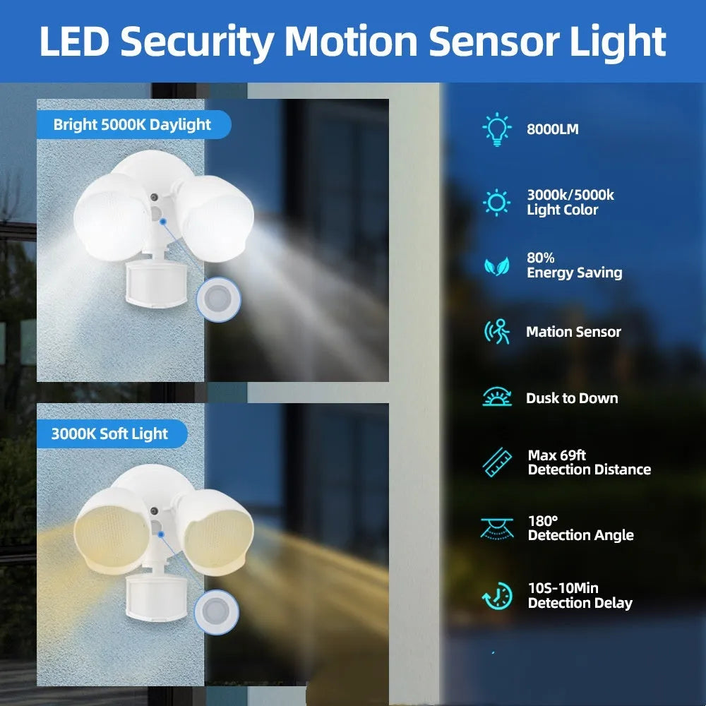 White LED security floodlight with infrared motion sensor for courtyard and garage installation